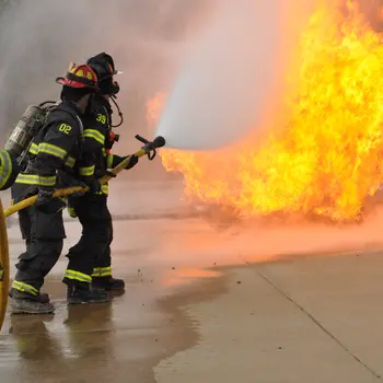 Two firefighters fighting a blaze with a hose