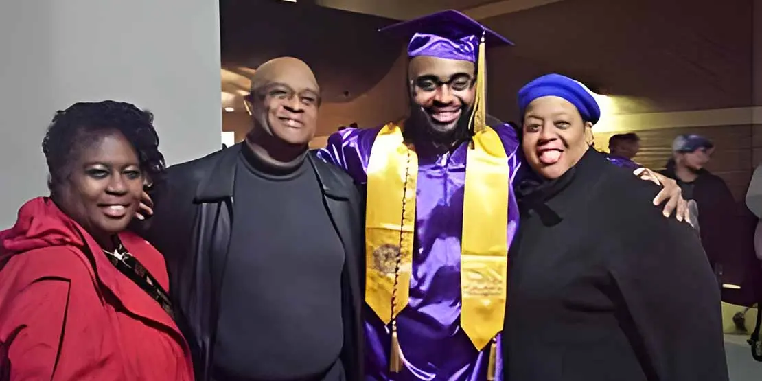 Phyllis Utley, College Liaison for High School Programs; Dr. Joseph Fox (retired), graduate Jeremy Jackson and Angela Calhoun, Library Assistant.