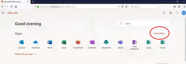 Image of Microsoft 365 site with a red circle around where to download the desktop app