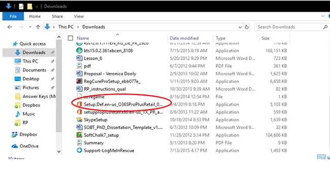 Image of a downloads folder with a red circle around the Microsoft 365 download.