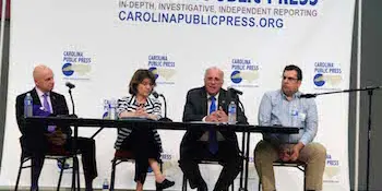 From left, Western Carolina University Chancellor David Belcher, UNC Asheville Chancellor Mary Grant, A-B Tech President Dennis King and Frank Taylor of CPP
